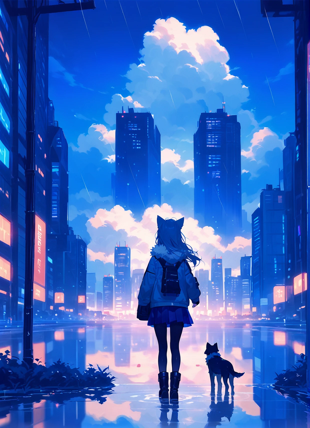 score_9,score_8_up,score_7_up,1girl,animal ears,cloud,outdoors,sky,long hair,scenery,cloudy sky,building,rain,skirt,solo,bag,cityscape,boots,reflection,city,standing,from behind,dog,pantyhose,skyline,facing away,tail,long sleeves,blue theme,water,skyscraper,jacket,pleated skirt,fur trim,cat ears,holding,animal,blue skirt,