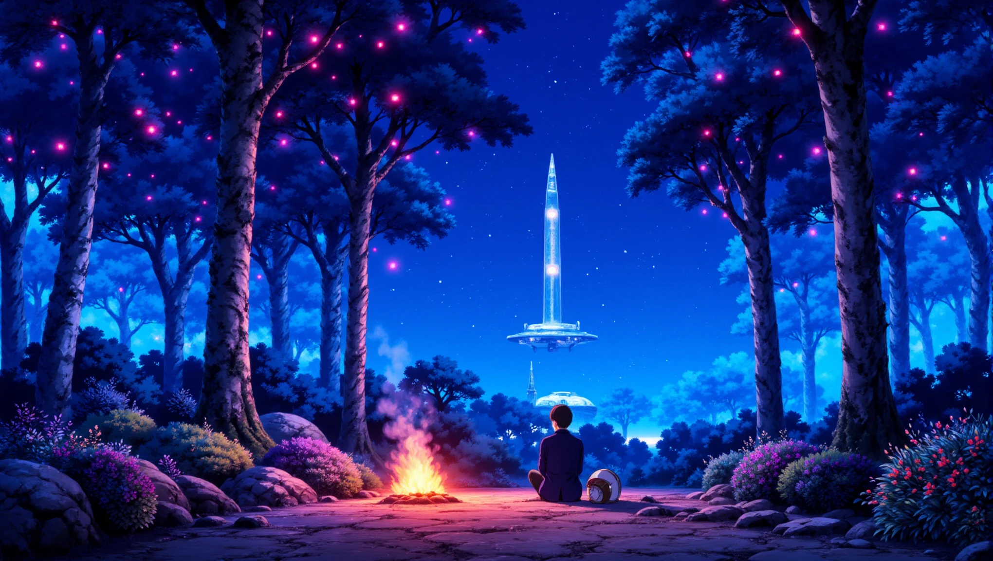 a cozyWallpaper style image of a serene forest on an alien planet, where tall, bioluminescent trees glow softly in shades of blue and purple. A space traveler in a sleek, futuristic suit is sitting by a small campfire, with their helmet resting beside them. The sky above is filled with stars and distant galaxies, and in the background, you can see the silhouette of a massive spaceship parked in a clearing. The scene has a peaceful, otherworldly vibe, mixing the tranquility of nature with the wonders of space exploration.<lora:cozyWallpaper flux_epoch_18:1>