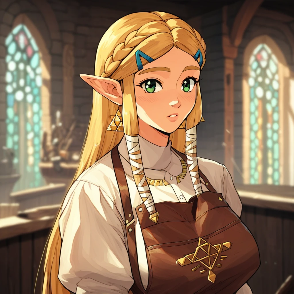 source_anime, BL4CKSM1TH, apron, leather((score_9)),score_8_up,score_7_up,score_6_up,score_5_up,score_4_up, retro_artstyle, anime style, 1woman, Princess Zelda, blonde hair, large breasts, (green eyes), looking at viewer, facing viewer, masterpiece, best quality, highres, best illumination, depth of field,