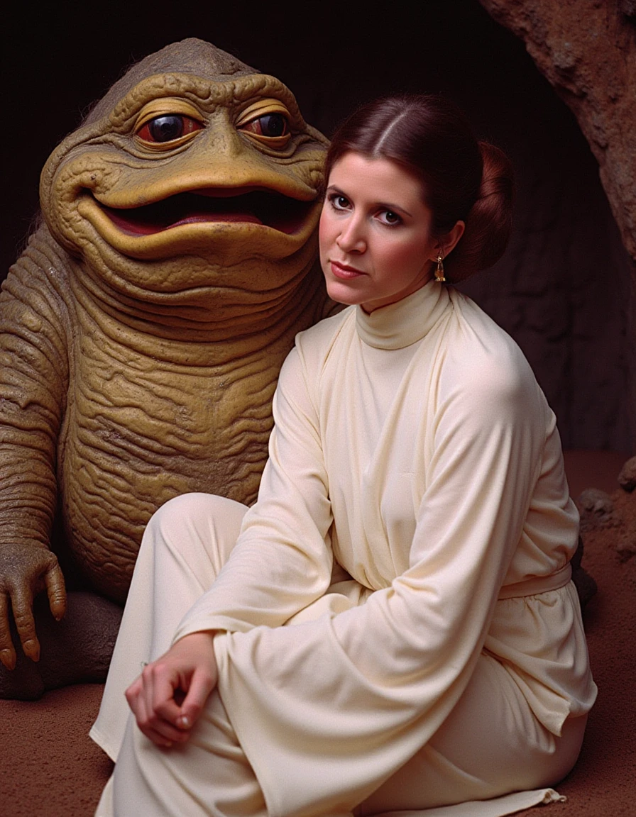 Carrie Fisher as Princess Leia, sitting defiantly beside Jabba the Hutt, plotting her escape. Her fierce, rebellious spirit shines through as she prepares to free herself and the others from captivity.