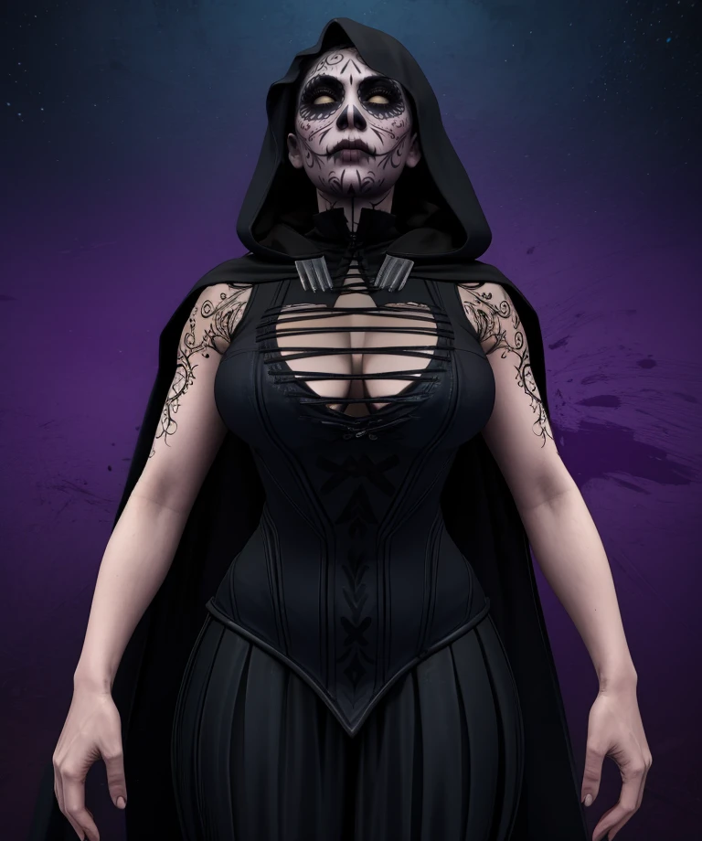 ladethdp,white eyes,facial mark,
hood,black dress,cleavage,cape,floating,
 hips, 
night,dark shadows,
(insanely detailed, masterpiece, best quality) solo,<lora:LadeathDP:0.8>,