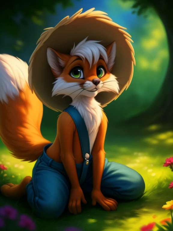 <lora:FoxHucFinDom:1>  FoxHucFin, fox, red fur, green eyes,  white sclera, blue pants with suspenders, no shirt, straw hat,
Looks at the viewer,  ((cowgirl position,))
[ large window, day, (nature), forest, grass, day shining, clouds, flowers,  candles,](solo focus),
(beautiful, aesthetic, perfect, delicate, intricate, saturated colors), masterpiece, digital drawing, best quality,
by ulitochka, by taran fiddler, by Silverfox5213, by personalami,