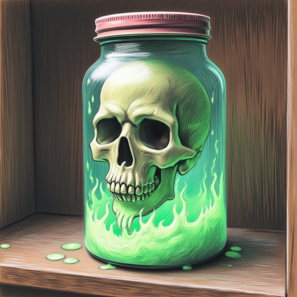 0ilpast3l, A skull in a jar full of thick green glowing goop, sitting on a dusty wooden shelf.