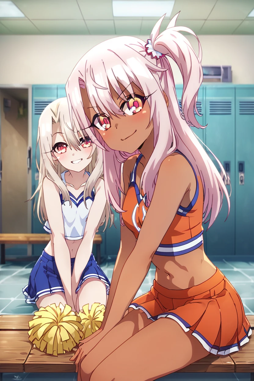 score_9, score_8_up, score_8, (big breasts), (curvy), cute, eyelashes,      rating safe,  BREAK,  2girls,  chloe von einzbern, yellow eyes, pink hair, long hair, one side up, dark skin,   illyasviel von einzbern, red eyes, white hair, long hair, red eyes,  ,,,    cheerleader,  crop top, midriff, miniskirt, locker room, locker, indoors, bench, sitting,  smug, head tilt,  ,,, smile, looking at viewer,   ,,, embedding:zPDXL, Expressiveh,  <lora:PrismaIllya_PDXL_v3:1.0> <lora:SDXLFaeTastic2400:0.5>,  <lora:Expressive_H-000001:0.4>,