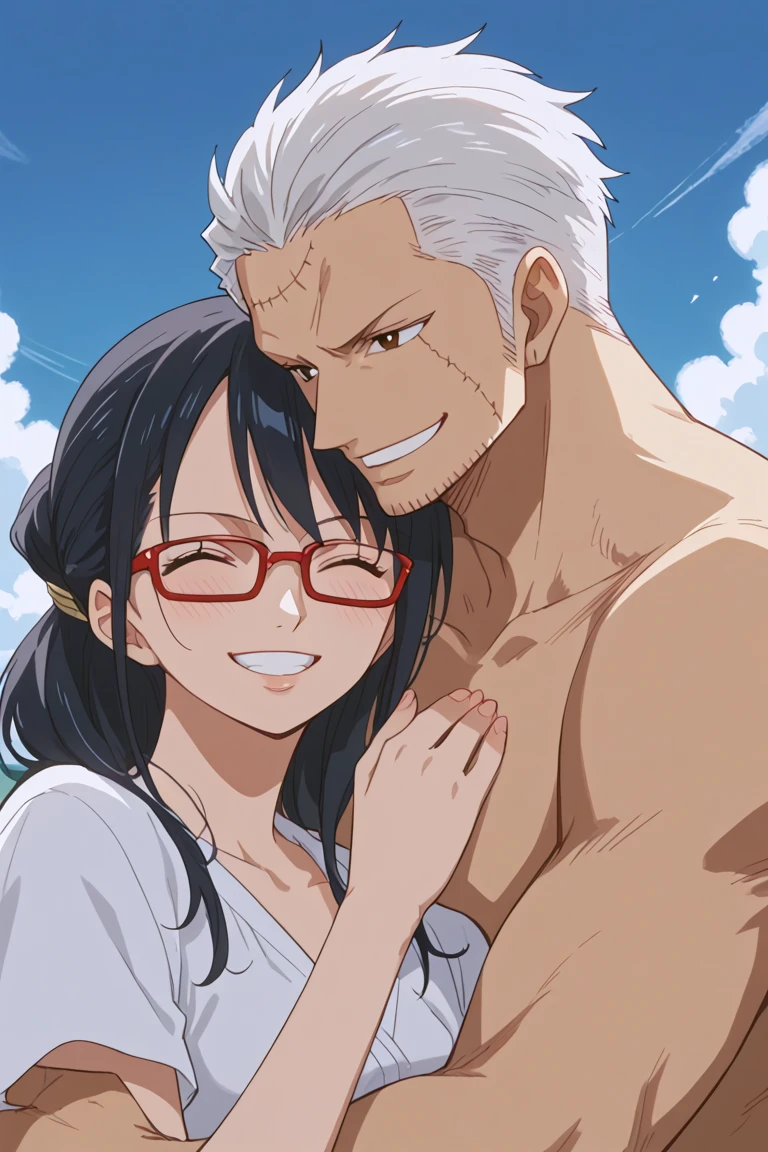 score_9, score_8_up, score_7_up, source_anime, rating_safe, SmokerOP, white_Smoker_hair, black_Smoker_scar across eye, closed eye, 1boy, couple focus, TashigiOP, dark blue_Tashigi_female hair, red_Tashigi_eyewear on head, 1girl, anime screencap, wide smile, teeth, hands with five fingers, cute wallpaper