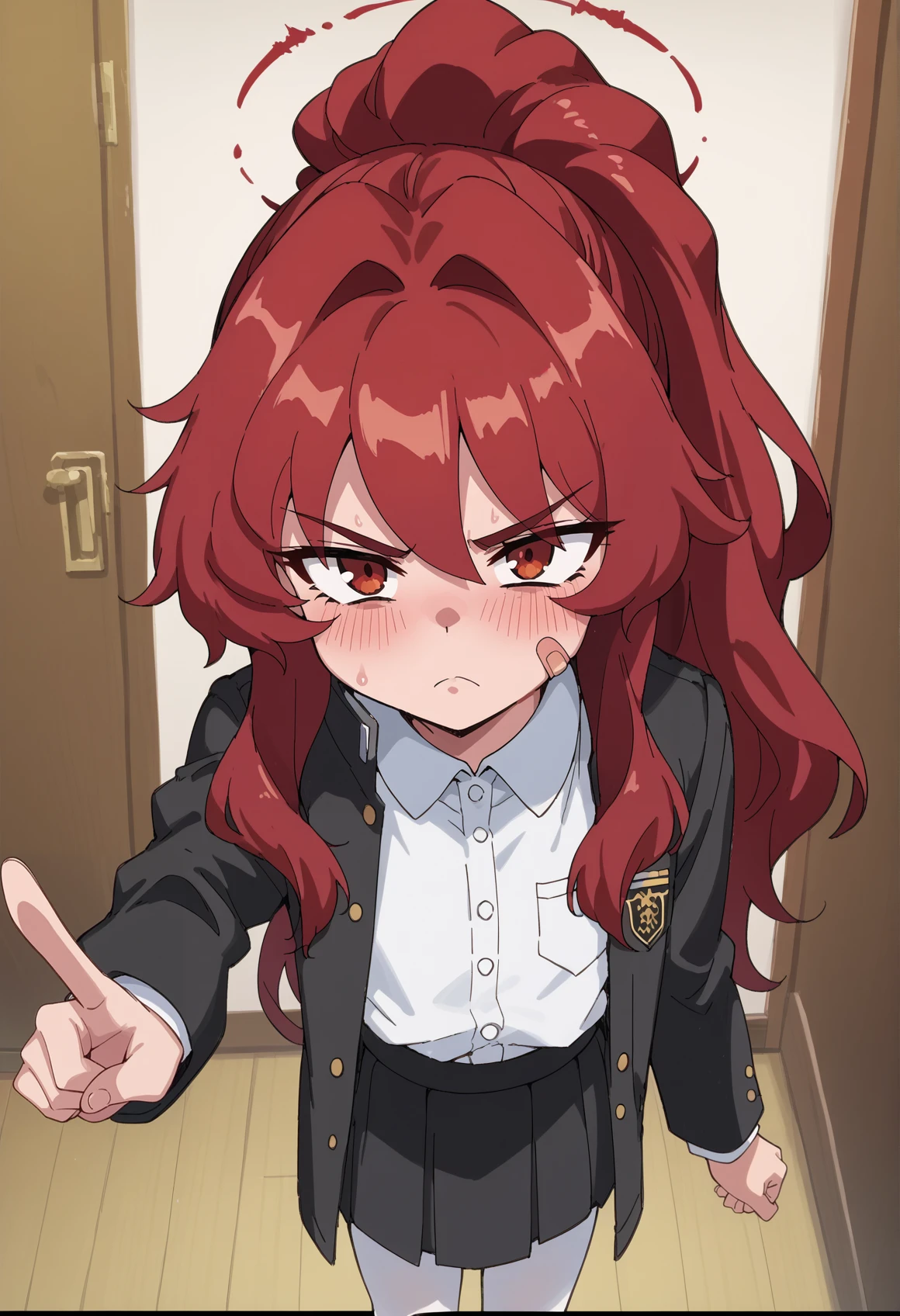 1girl, halo, bandaid on cheek, ponytail, absurdly long hair, red hair, messy hair, sidelocks, red eyes, school uniform, white shirt, black jacket, black skirt, white pantyhose, standing, pointing at viewer, tsundere, blush, indoors, from above <lora:ashiharatsumori_koito_project_KV:1> <lora:jungle_the_ikou_r1:1> anime screencap, score_9, score_8_up, score_7_up, score_6_up, score_5_up, score_4_up, BREAK source_anime, masterpiece