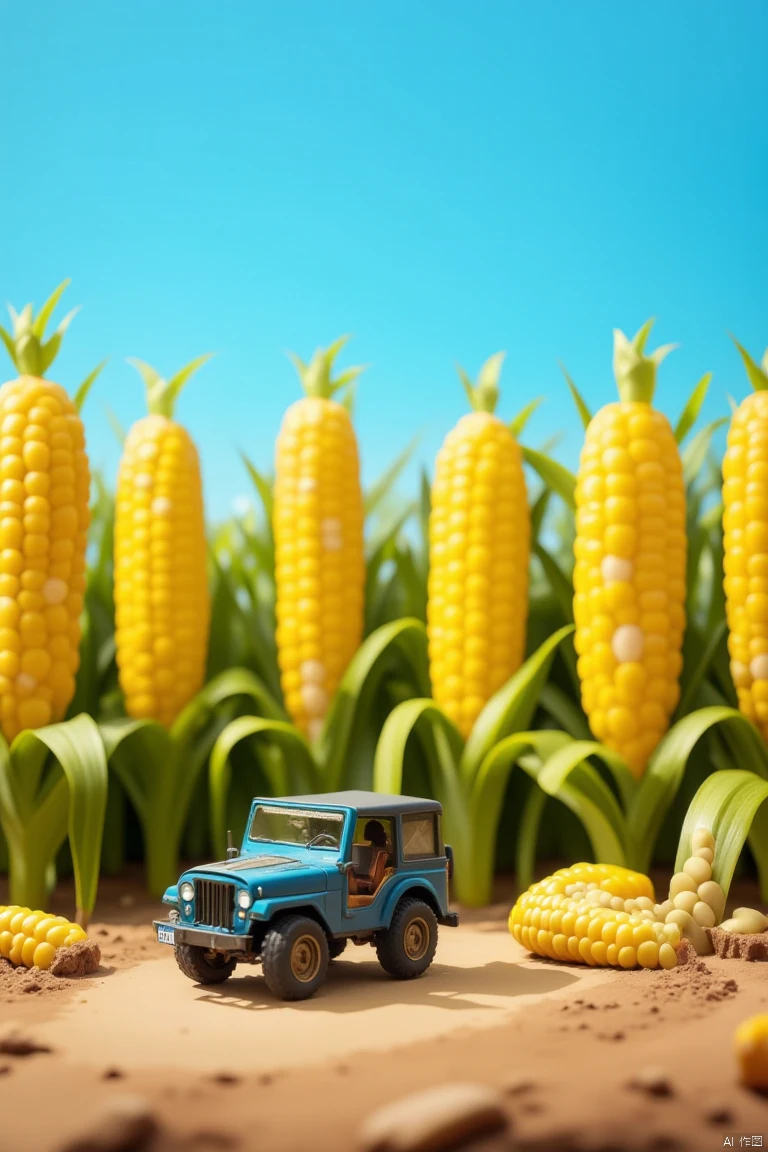 a small toy jeep is parked in front of a row of yellow corn. The jeep has a blue roof and black wheels
and is positioned in the middle of a dirt road. To the right of the jeep
there are two yellow corn cobs with green stems and leaves. In the background
there is a clear blue sky.