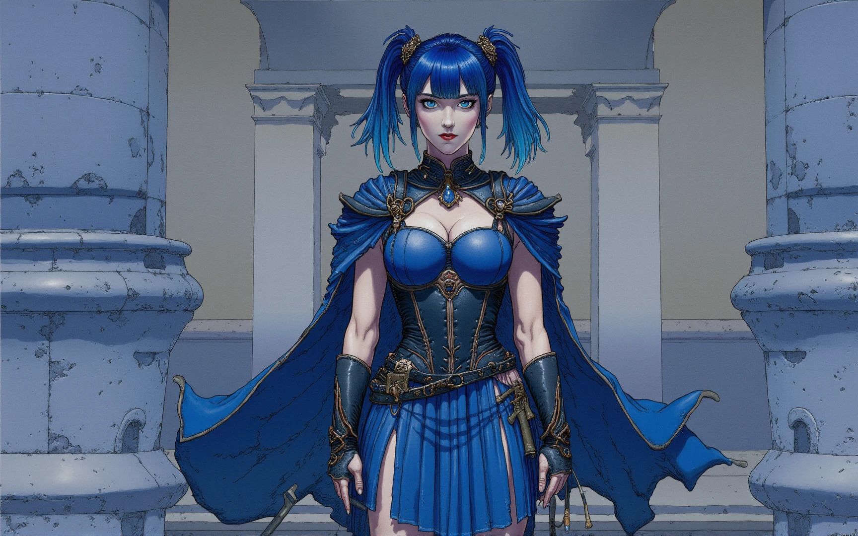 Blue Idoru. A Petite and slender Japanese woman. Dark blue hair in twin-tails. Blue eyes. Light makeup. Dark blue leather corset, pleated leather skirt, and leather sleeves. Flowing leather cape. High leather boots. Fingerless gloves. Her leather outfit is trimmed with copper metal. She is standing regally in front of City Hallâdetailed image. Beautiful lighting.  <lora:MoebiusFlux_v1:1> art, moebius, moebius-style