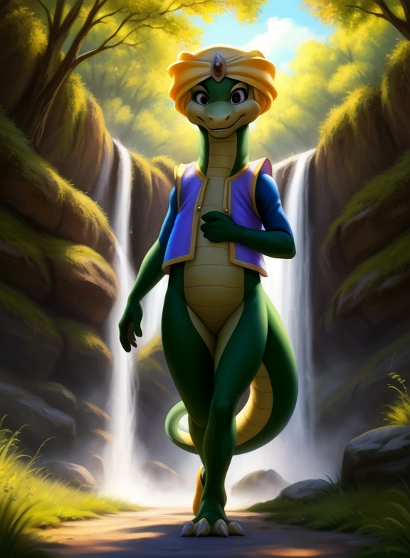 <lora:TillEfreetiDom:0.9> TillEfreeti, lizard, turban, yellow blue vest,  , chibi,
[  solo, (nature), forest, day, clouds, waterfall,  smile,]  (( walking, ))
(beautiful, aesthetic, perfect, delicate, intricate, saturated colors), masterpiece, digital drawing, best quality,
[by personalami], by smitty g, [[[by Foxovh]]], [[by Ross Tran]]