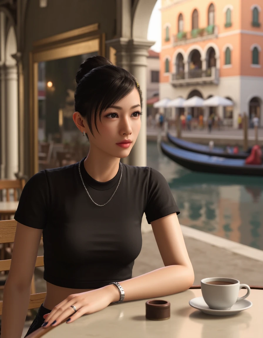 <lora:Chitose Fujinomiya_epoch_23:0.8> Video game screenshot. A peaceful scene of Chitose Fujinomiya sitting at an outdoor café in Venice, gazing thoughtfully into the distance. She has bun hairstyle and wears black short-sleeved crop top. On the table in front of her sits a delicate cup of tea, with a small saucer beside it. The café is surrounded by classic Venetian architecture, with arched windows and intricate stonework. In the background, a canal with gondolas floats gently by, and the warm, golden light of the late afternoon sun bathes the scene, casting soft shadows on the cobblestone street.