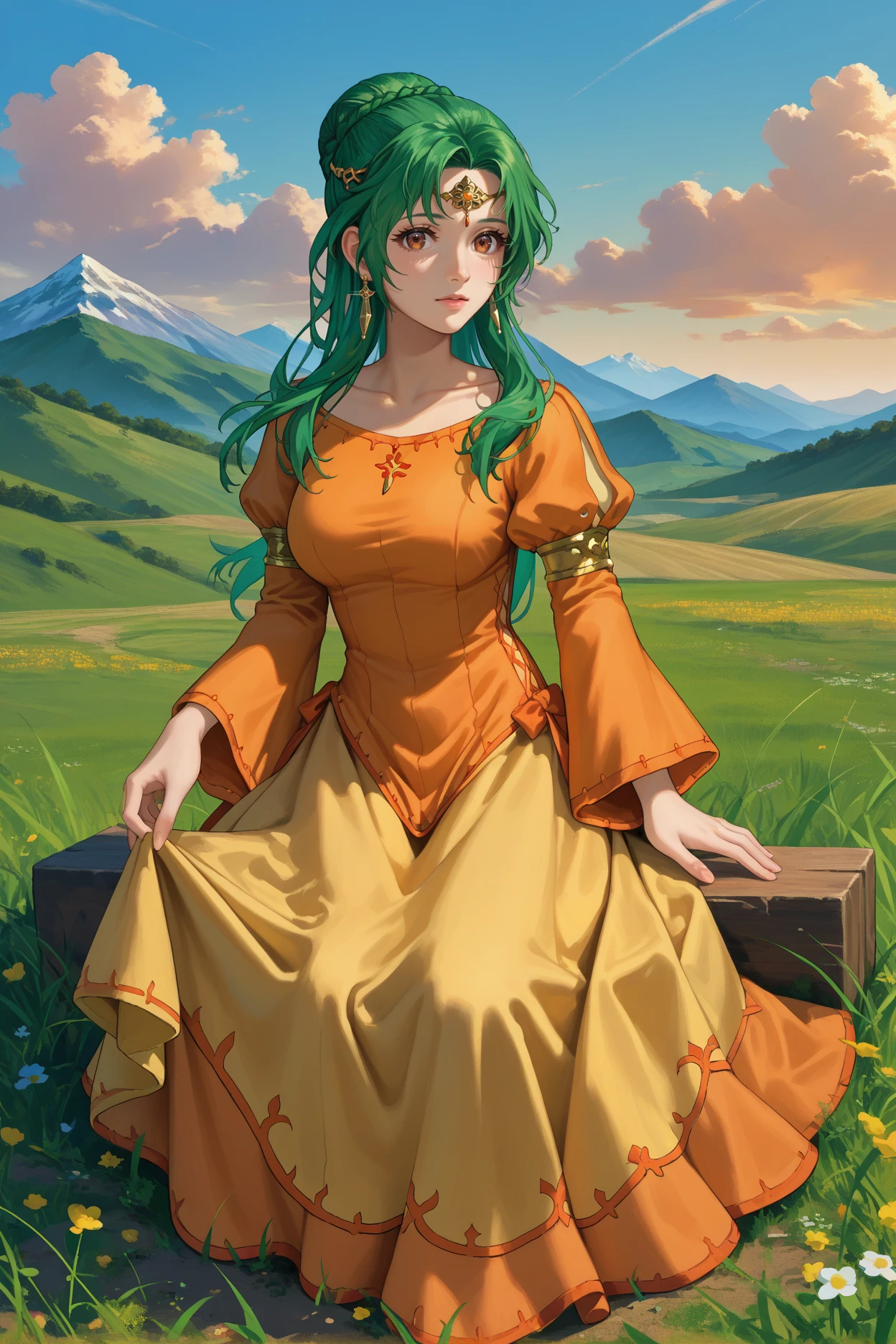 score_9, score_8_up, score_7_up, score_6_up, source_anime, 1girl, solo, <lora:elincia-pdxl-nvwls-000005:1> ogElincia, green hair, hair bun, long hair, braid, brown eyes, gold circlet, earrings, collarbone, orange dress, puffy sleeves, long sleeves, yellow skirt, large breasts, looking at you, field, mountains, blue sky, clouds, sitting, skirt hold