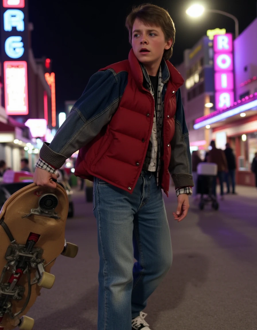 Marty McFly, holding the hoverboard, futuristic jacket and self-lacing sneakers, vibrant neon cityscape of 2015 Hill Valley, playful excitement, Back to the Future Part II, hyper-detailed textures, bright, glowing lights, sci-fi atmosphere.