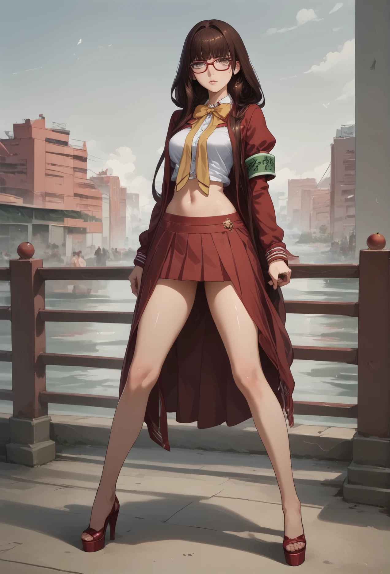 score_9, score_8_up, score_7_up, 1girl, beautiful, (solo:1.4), <lora:Hiei:0.8>,hiei_aoki,glasses,long hair, solo,brown hair,pear medium breasts ,navel , brown eyes ,red school uniform,(long legs:1.3), ((detailed face)),  sportive figure,, warm tones,   armband, stands proudly, leaning back, spread legs, wedge heels, stern look, <lora:Concept Art Twilight Style SDXL_LoRA_Pony Diffusion V6 XL:0.8>,Expressiveh,<lora:Expressive_H:0.8>