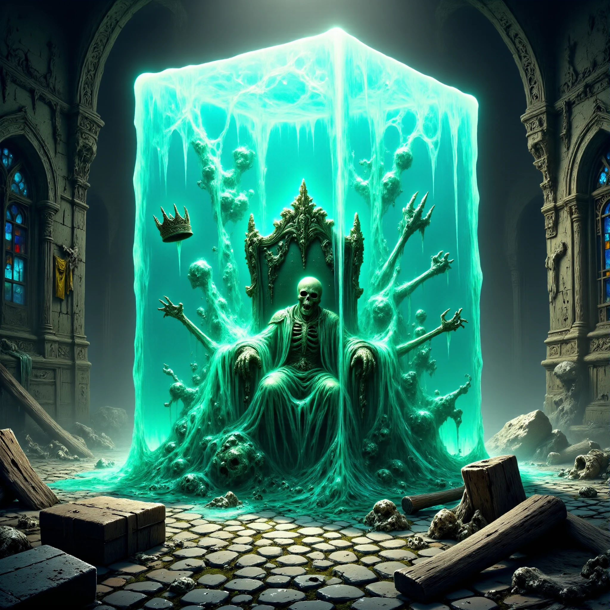 famous artwork, sfumato, epic composition following the rule of thirds, extremely detailed award-winning masterwork fantasy-style oil painting of a massive, translucent, cyan magical gelatinous cube engulfing the throne in the abandoned castle's throne room, within the cube, the decayed remains of the former king still sit on the slowly dissolving, grand, fantastic, and ornate throne, his skeletal figure slightly blurred by the cube's shimmering surface, remnants of royal robes and a tarnished crown float eerily inside, the throne room bears the marks of its former splendor, torn banners hang from the walls, and shattered stained glass windows cast fragmented colorful light across the cobblestone floor, a large gap in the wall allows a faint beam of moonlight to illuminate the cube with an eerie glow, decay and former grandeur, symmetrical arched stained glass windows, haunting, mysterious atmosphere, volumetric lighting, dark corners, <lora:gelatinous_cube-flux-by_oneviolentgentleman:1.0>