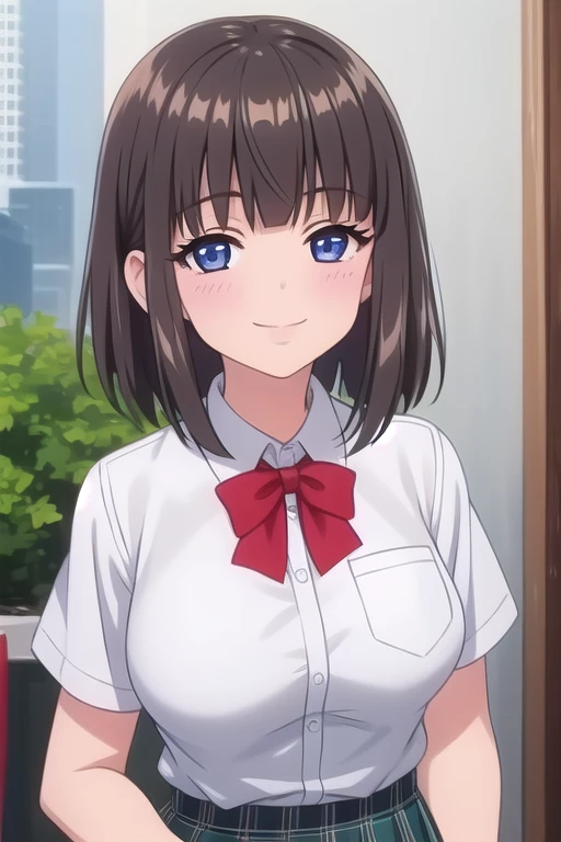 ((masterpiece)),(best quality),official art,extremely delicate and beautiful,extremely detailed CG,unity 8k wallpaper,ultra detailed,beautiful detailed eyes,extremely detailed face,outdoors,1girl,solo,upper body,(portrait:1.5),looking at viewer,facing viewer,smile,Toko Saionji,medium hair,brown hair,shiny hair,bob cut,sidelocks,blunt bangs,blue eyes,school uniform,red bowtie,white shirt,collared shirt,dress shirt,pocket,large breasts,skindentation,short sleeves,miniskirt,green skirt,pleated skirt,plaid skirt,black socks,loafers,<lora:Toko Saionji(hc):1.2>,