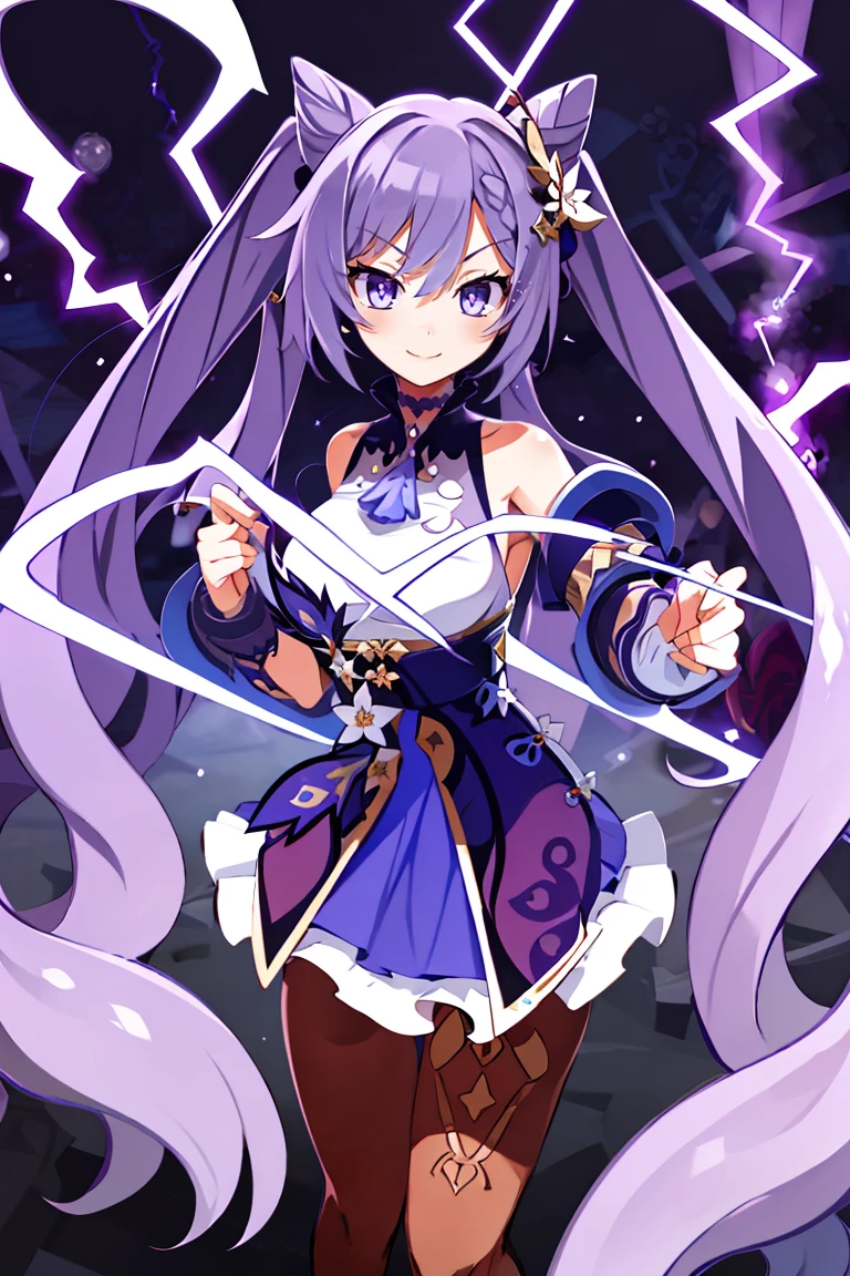 <lora:Harada_Takehito_v2_Repeats5:0.8>,((masterpiece,best quality)), absurdres, <lora:Keqing_Genshin:0.8>,  Keqing_Genshin, 1girl, solo, long hair, twintails, very long hair, purple hair, cone hair bun, purple eyes, keqing \(genshin impact\),  hair ornament, pantyhose, skirt, purple dress, lightning,  smile, looking at viewer, cowboy shot,