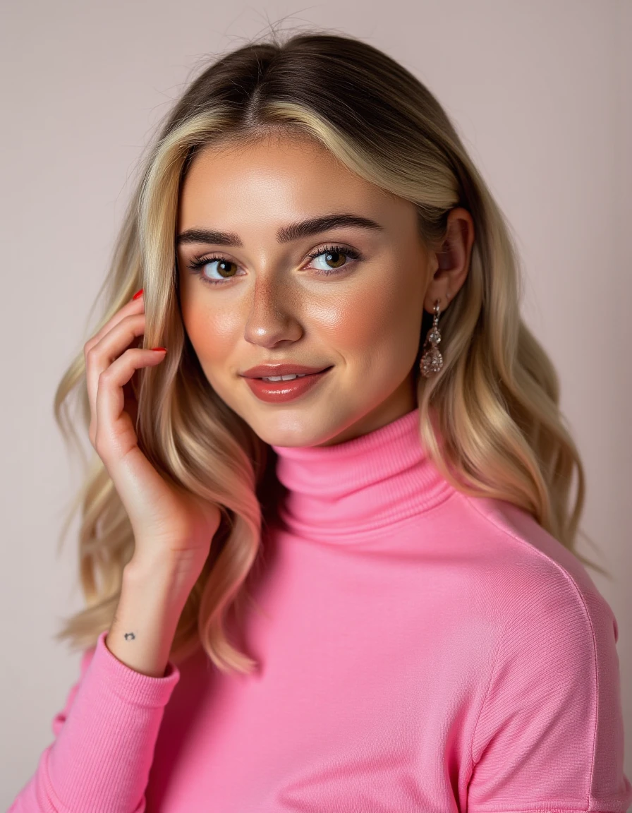 portrait photo in pink turtleneck <lora:IHS-step00001500:1.3>