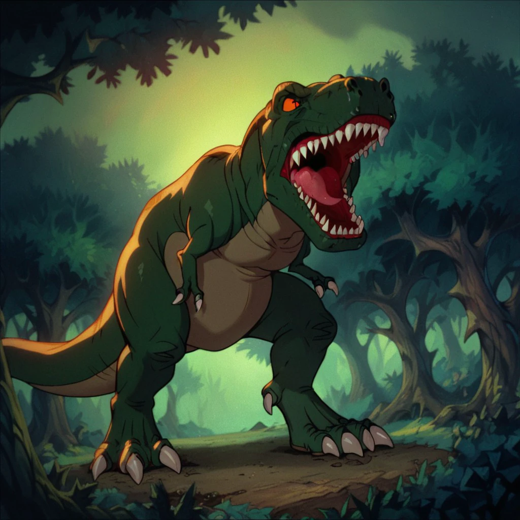 score_9, score_8_up, score_7_up, score_6_up, source_furry, Sharptoothlbt, feral, male, Tyrannosaurus, theropod, dinosaur, scalie, green skin, red eyes, red sclera, crashing through trees in a forest, <lora:7c86ed13-2219-466c-a6a8-12d6f34208c0:0.7>