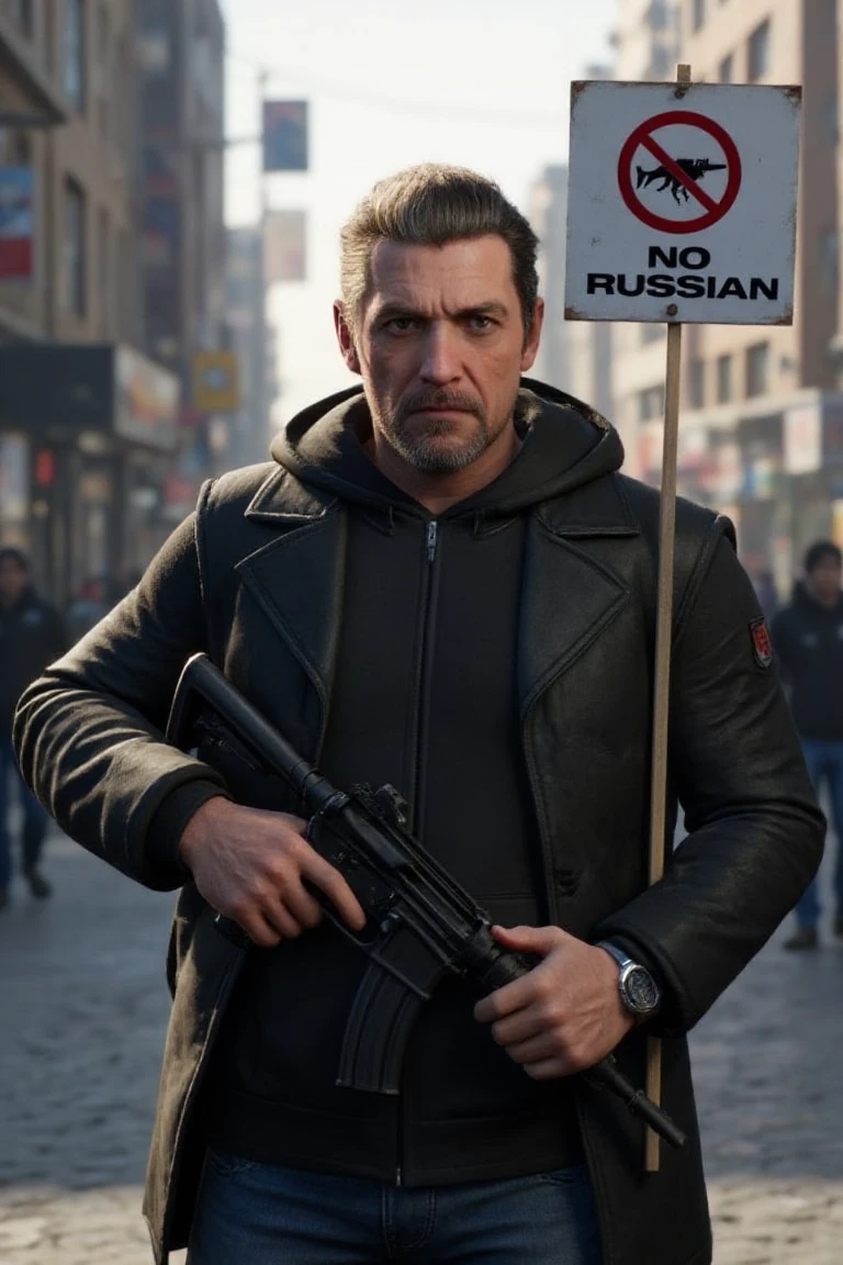 a grumpy man in a city holding a gun and a sign that says "no russian". in unreal engine render