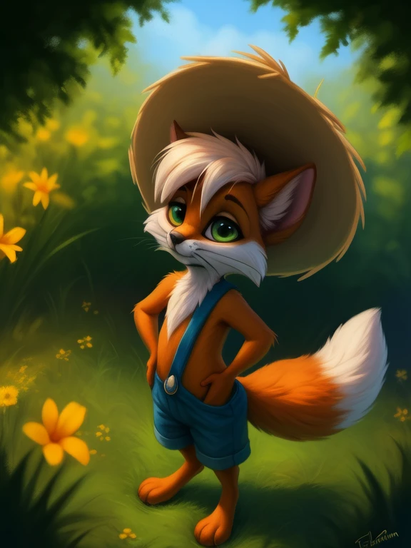 <lora:FoxHucFinDom:1>  FoxHucFin, fox, red fur, green eyes,  white sclera, blue pants with suspenders, no shirt, straw hat,
Looks at the viewer,   ((Hands on hips, standing, hand behind head, high-angle view,))
[ large window, day, (nature), forest, grass, day shining, clouds, flowers,  candles,](solo focus),
(beautiful, aesthetic, perfect, delicate, intricate, saturated colors), masterpiece, digital drawing, best quality,
by ulitochka, by taran fiddler, by Silverfox5213, by personalami,