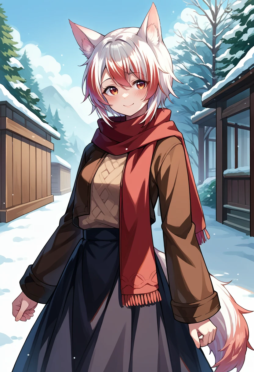 score_9, score_8_up, source_anime, 1girl, solo, KohakuSyusetsu, multicolored hair, animal ears, tail, short hair, turtleneck sweater, long skirt, outdoors, scarf, winter, smile, blush, <lora:ChamKohakuSyusetsuPonyXL:1>