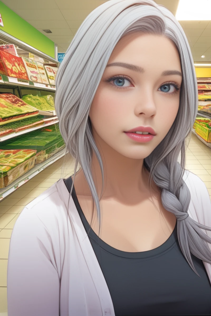 Ga-Hee JO, an image of GaHeeJoDove woman, <lora:GaHeeJoDoveV2:1.>, score_9, source_anime, single braid, black dress, grey open cardigan, looking at viewer, inside, supermarket, close-up, woman, face focus, zPDXL2