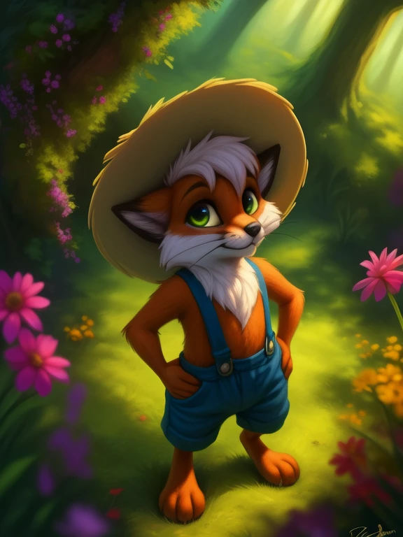 <lora:FoxHucFinDom:1>  FoxHucFin, fox, red fur, green eyes,  white sclera, blue pants with suspenders, no shirt, straw hat,
Looks at the viewer,   ((Hands on hips, standing, hand behind head, high-angle view,))
[ large window, day, (nature), forest, grass, day shining, clouds, flowers,  candles,](solo focus),
(beautiful, aesthetic, perfect, delicate, intricate, saturated colors), masterpiece, digital drawing, best quality,
by ulitochka, by taran fiddler, by Silverfox5213, by personalami,