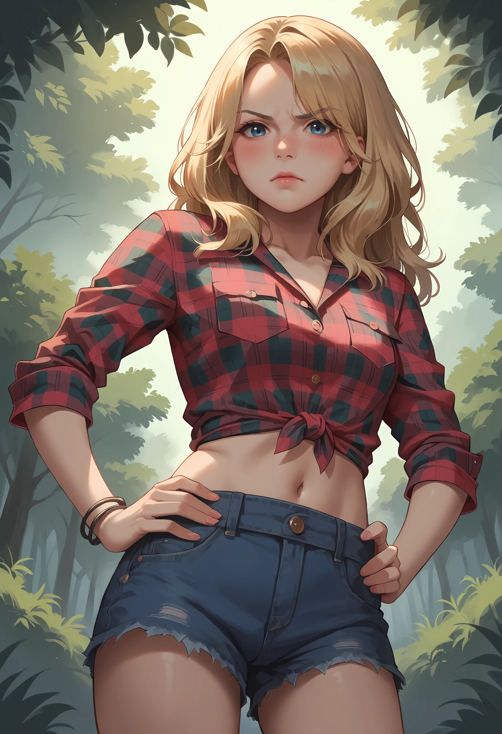 score_9, score_8_up, score_7_up, score_6_up, score_5_up, score_4_up, 1girl, <lora:BeccaWoolettRER:0.75> solo, blue eyes, wavy hair, blonde hair, long hair, plaid shirt, shirt, plaid, looking at viewer, midriff, shorts, denim, denim shorts, from below, angry, blush, jewelry, bracelet, hands on hips, 
forest, stream,