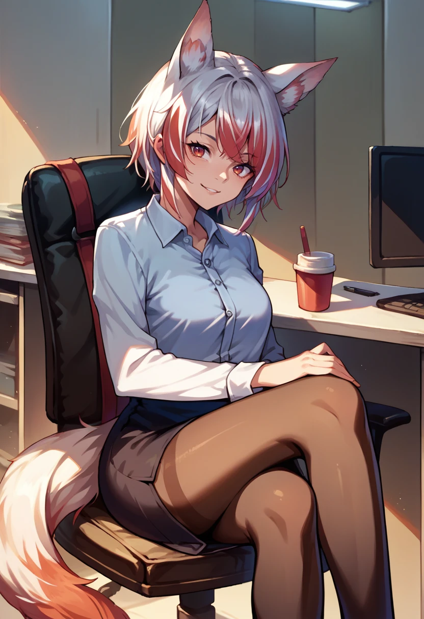 score_9, score_8_up, source_anime, 1girl, solo, KohakuSyusetsu, multicolored hair, animal ears, tail, short hair, indoors, office lady, office chair, sitting, crossed legs, miniskirt, black pantyhose, dress shirt, smile, <lora:ChamKohakuSyusetsuPonyXL:1>