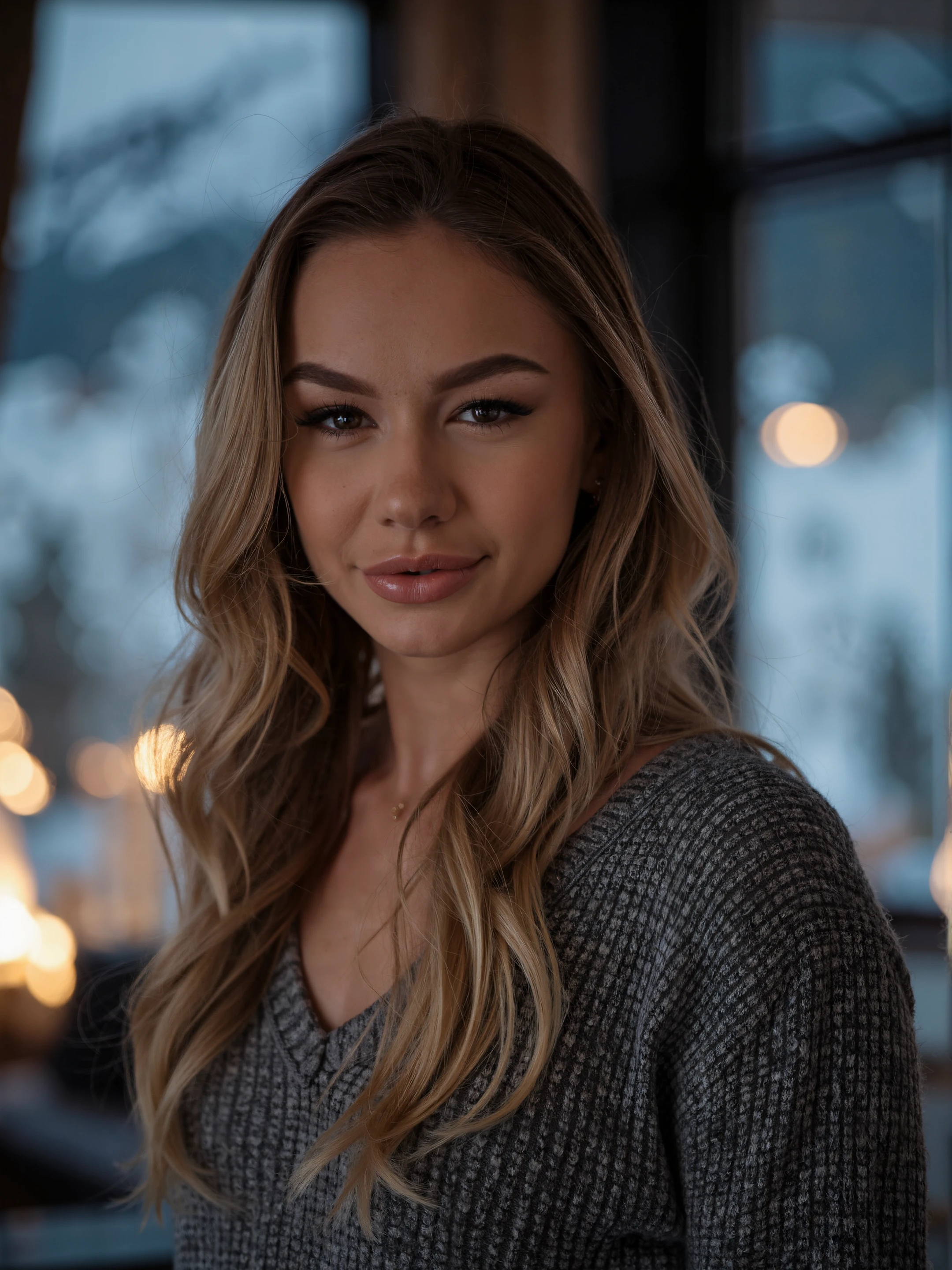 the image shows a closeup portrait of a beautiful woman.
The woman is looking at the viewer with a smile. She is wearing a grey knitted jumper. She has long blonde hair.
The photo is taken in a luxurious penthouse apartment with large windows with an amazing view of an alpine landscape. The photo is taken during night time with a bright flash and it is quite overexposed.