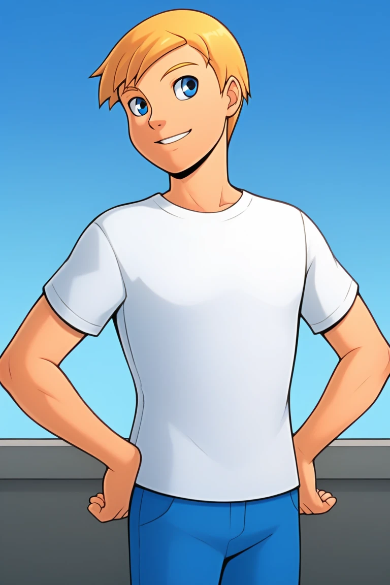 powerpack_alex,, 1boy,solo,blonde hair,short hair,male focus,blue eyes, sky,white shirt,short sleeves,blue pants,hands on hips,blue pants,light smile,blue sky