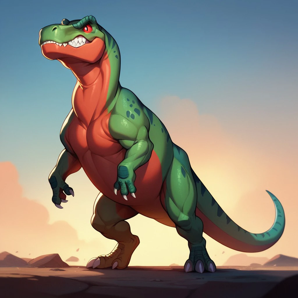 score_9, score_8_up, score_7_up, score_6_up, source_furry, Sharptoothlbt, feral, male, Tyrannosaurus, theropod, 1boys, dinosaur, scalie, green skin, one eye closed, red eye, red sclera, clenched teeth, standing, , <lora:cbd5649f-12a9-49eb-8f5e-d6343822b051:0.7>