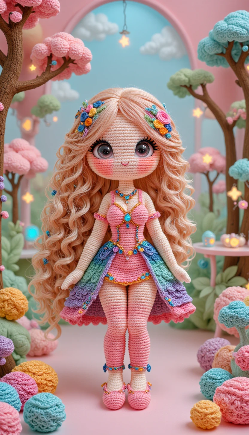 cr0ch3tcut3styl3, crocheted, A lovely woman  in a cartoon-inspired world, surrounded by bright colors, fun patterns, and a soft spotlight, wearing a sparkly pink dress and a playful expression