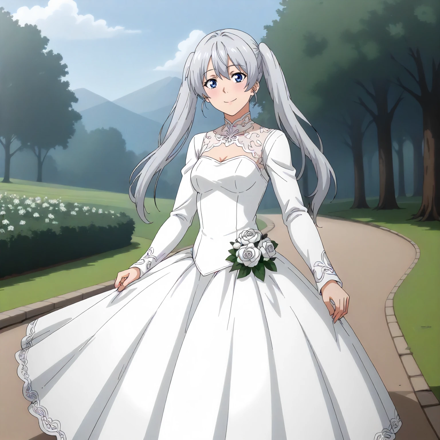 <lora:ToY_KuroeXLpony001>,
outdoors,nature,
smile,
solo,
Kuroe,1girl,silver hair,twintails,blue eyes,
standing,
wedding_dress,long_sleeves,lace,