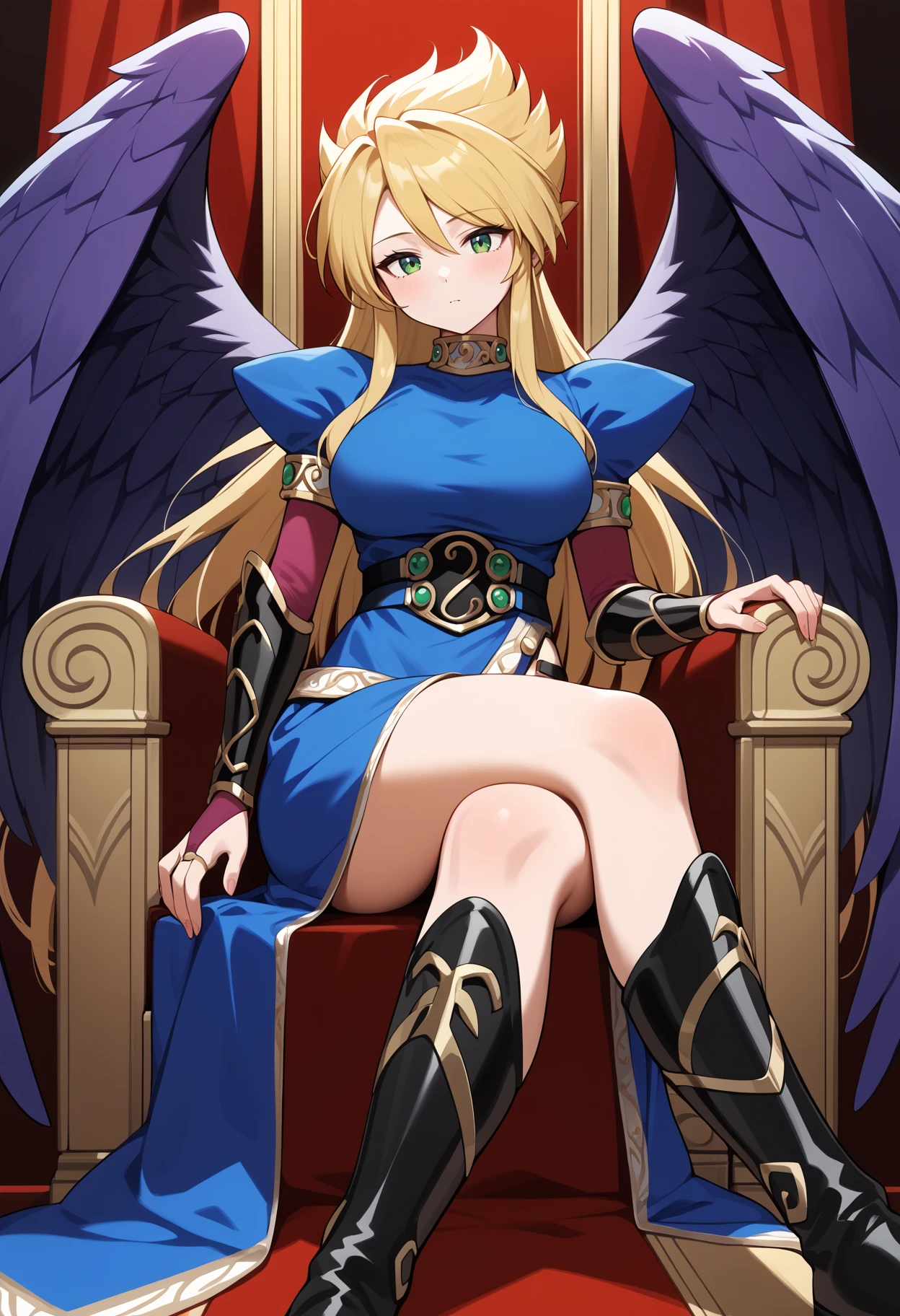 score_9, score_8_up, score_7_up, score_6_up, score_5_up, score_4_up, source_anime, aanina, long hair, blonde hair, green eyes, large breasts, feathered wings, purple wings, blue dress, puffy sleeves, bridal gauntlets, side slit, <lora:nina_bof2_ponyxl_v1:0.9>, sitting, throne, crossed legs, indoors, black footwear, boots,