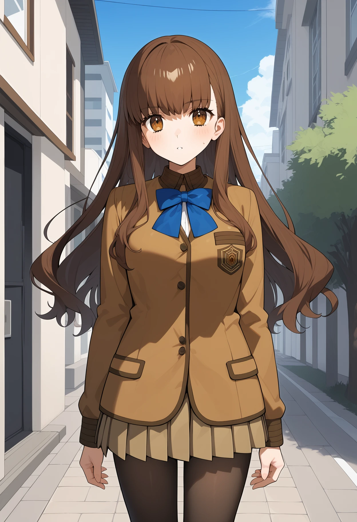 score_9, score_8_up, score_7_up, score_6_up, score_5_up, score_4_up, source_anime, aahakuno, long hair, brown hair, brown eyes, breasts, school uniform, blue bowtie, brown jacket, long sleeves, pleated skirt, brown skirt, black pantyhose, <lora:kishinami_hakuno_ponyxl_v1:0.9>, standing, cowboy shot, outdoors, street