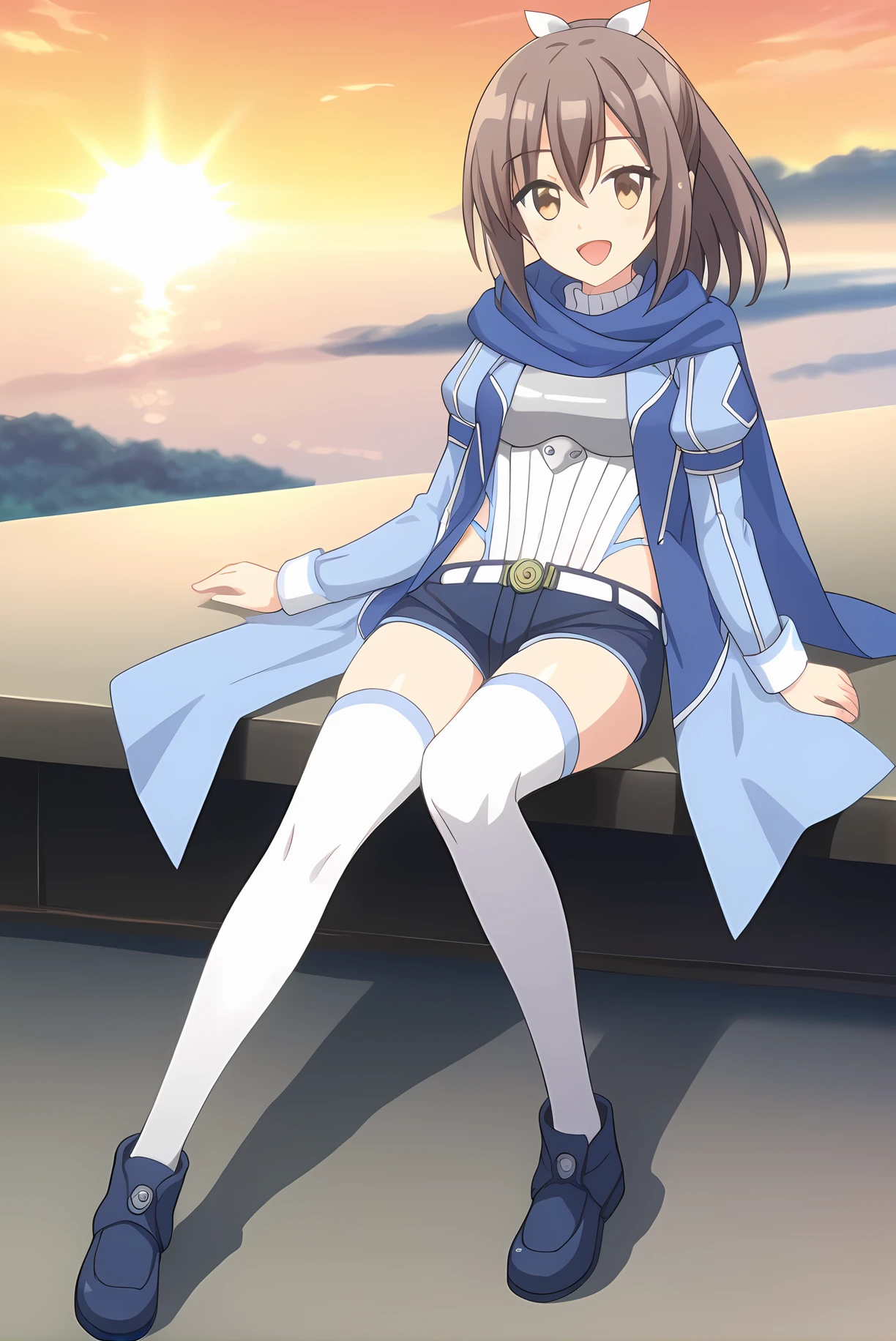 (blue jacket white leotard blue scarf blue shorts white thighhighs blue shoes), bof-sally, brown hair, hair ribbon, ponytail, medium breasts, 1girl, solo, skinny, feet, score_9, score_8, score_7, source_anime, happy, sunset, (1.3::full body|sitting|standing|lying|0.6::close-up| :1.20), <lora:bof-sally-V01-000005:0.90>