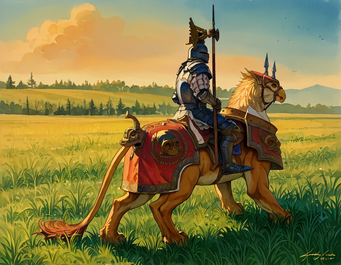 score_9, score_8_up, score_7_up, 2d, watercolor, traditional media, from side
Demigryphknight, riding animal, armor, helmet, holding polearm, 
looking at viewer,
grass, field,
 <lora:Demigryph_Knight_PonyXL:0.8>