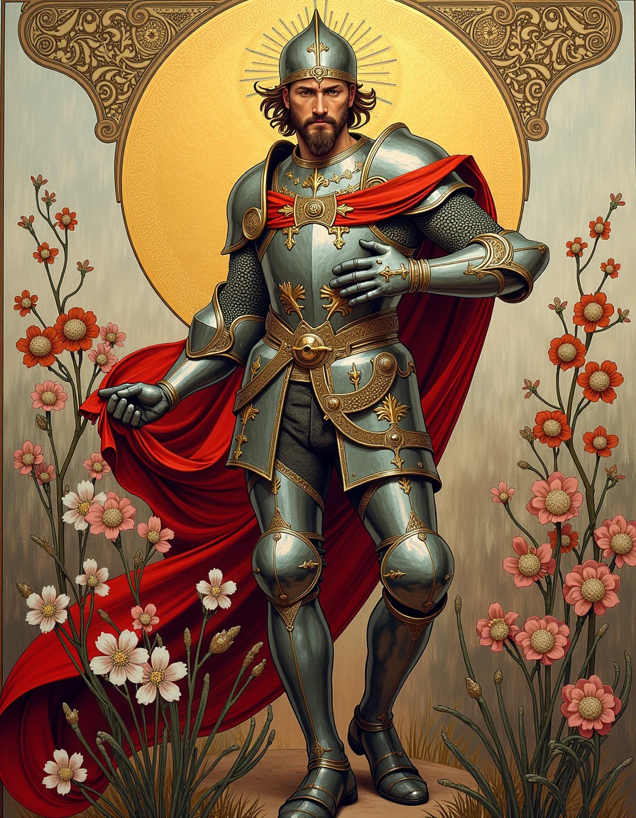 <lora:Alphonse Mucha_epoch_8:1>, mucha_style, a painting by Alphonse Mucha depicting a man wearing knight's armor, fantasy character art, florals