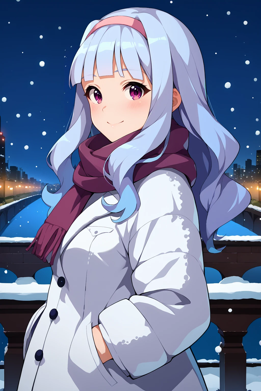 score_9, score_7_up, source_anime, from side, looking at viewer, smile, blush, tknshj, medium breasts, blunt bangs, hair intakes, hairband, long hair, grey hair, purple eyes, winter coat, scarf, hands in pocket, outdoors, bridge, snowing, night, skyline, <lora:Hoseki_Idolmaster_TakaneShijou_PDXL_v1:1>