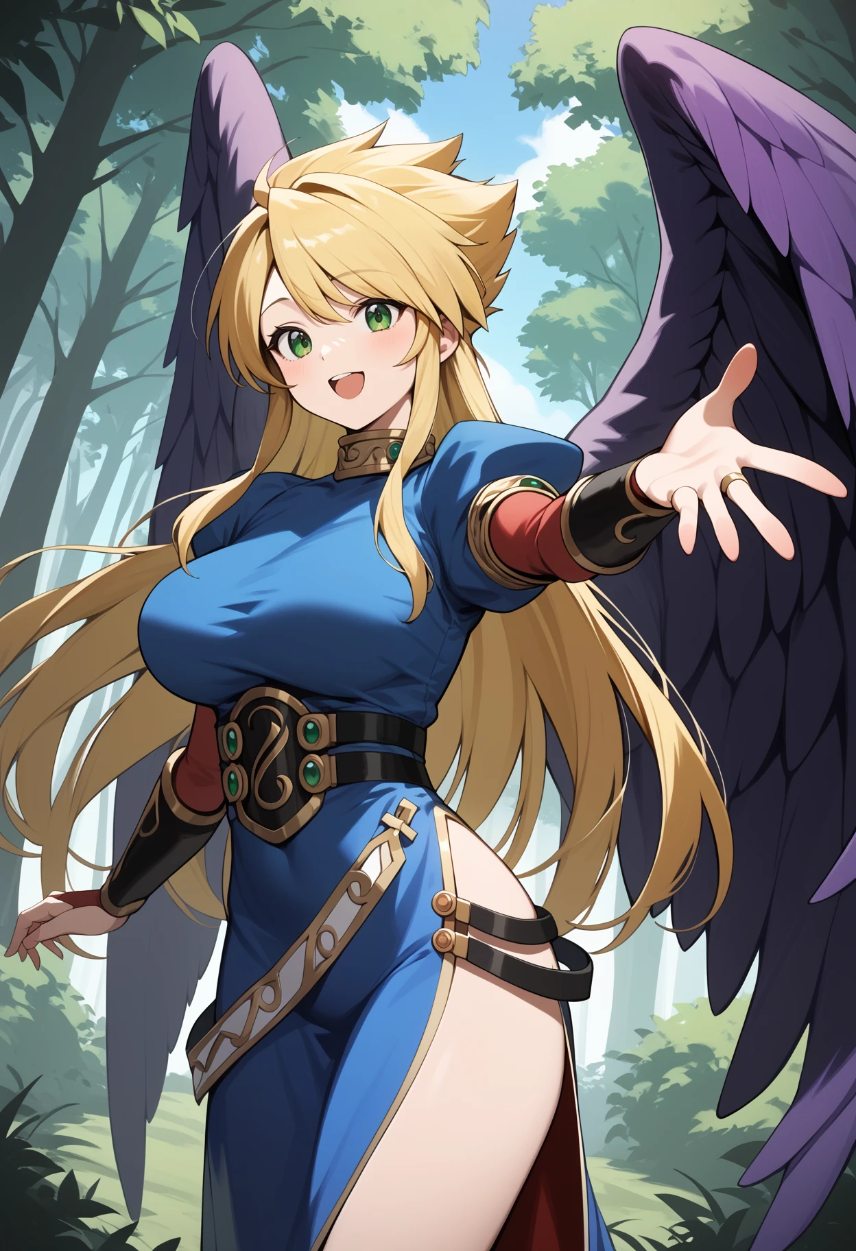 score_9, score_8_up, score_7_up, score_6_up, score_5_up, score_4_up, source_anime, aanina, long hair, blonde hair, green eyes, large breasts, feathered wings, purple wings, blue dress, puffy sleeves, bridal gauntlets, side slit, <lora:nina_bof2_ponyxl_v1:0.9>, standing, cowboy shot, outdoors, smile, open mouth, reaching, forest,