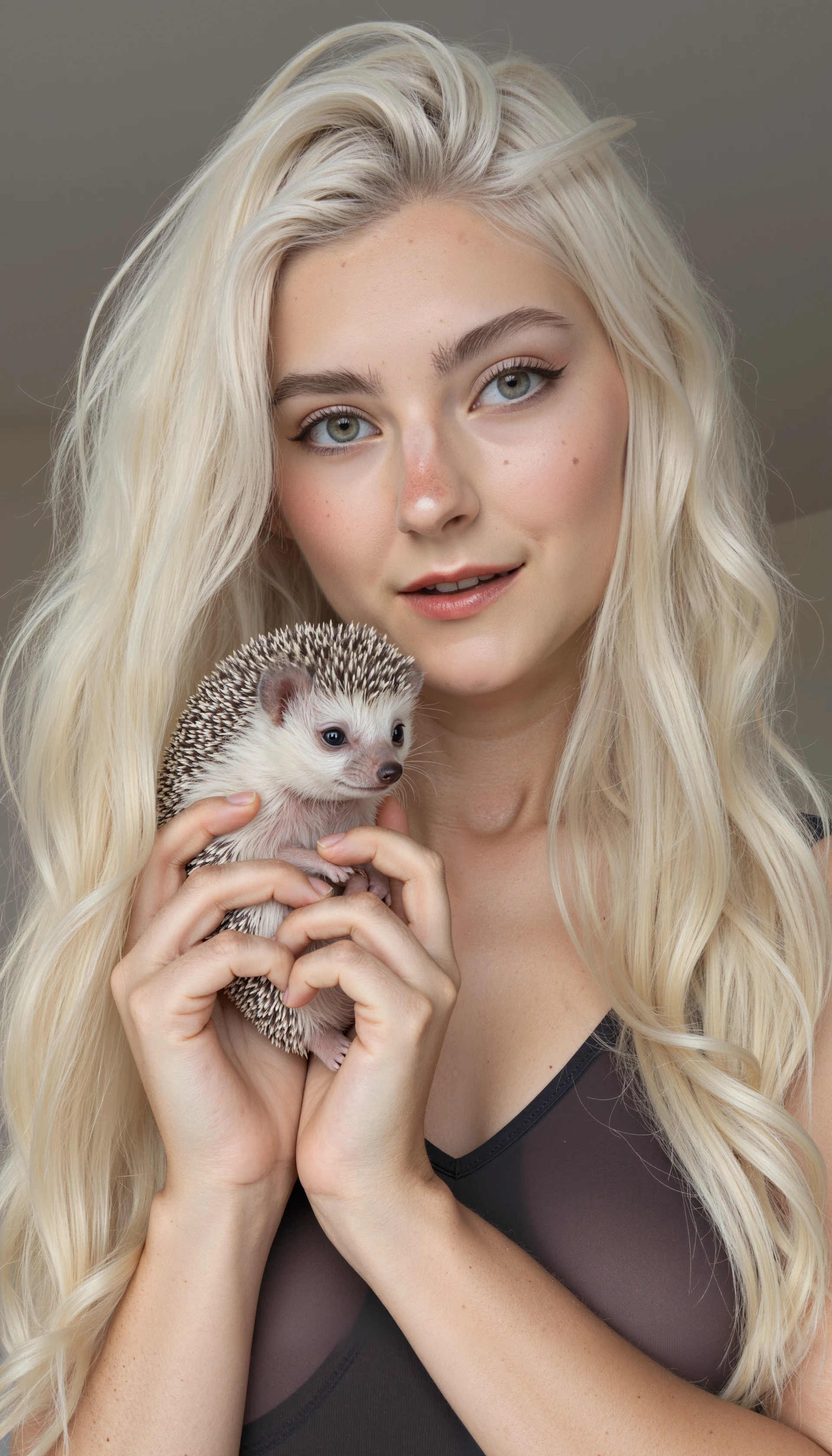 photo of a p3r5on with pale skin and long, platinum blonde hair styled in loose waves holding A small, adorable hedgehog