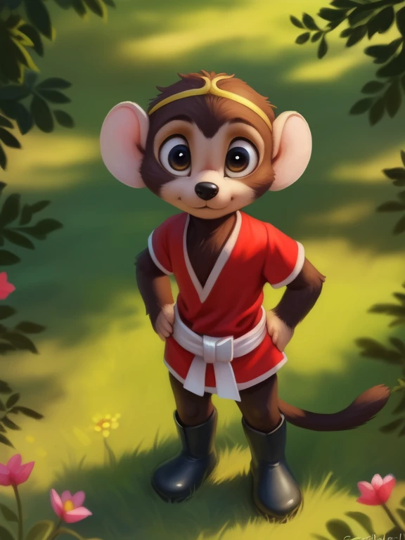 <lora:TezOsaMonBokSonDom:1>  TezOsaMonBokSon, primate, monkey, red shirt, white belt, golden headband, black boots, chibi, 
(solo focus), Looks at the viewer,   ((Hands on hips, standing, high-angle view,))
[ large window, day, (nature), forest, grass, day shining, clouds, flowers,  candles,](solo focus),
(beautiful, aesthetic, perfect, delicate, intricate, saturated colors), masterpiece, digital drawing, best quality,
by ulitochka, by taran fiddler, by Silverfox5213, by personalami,