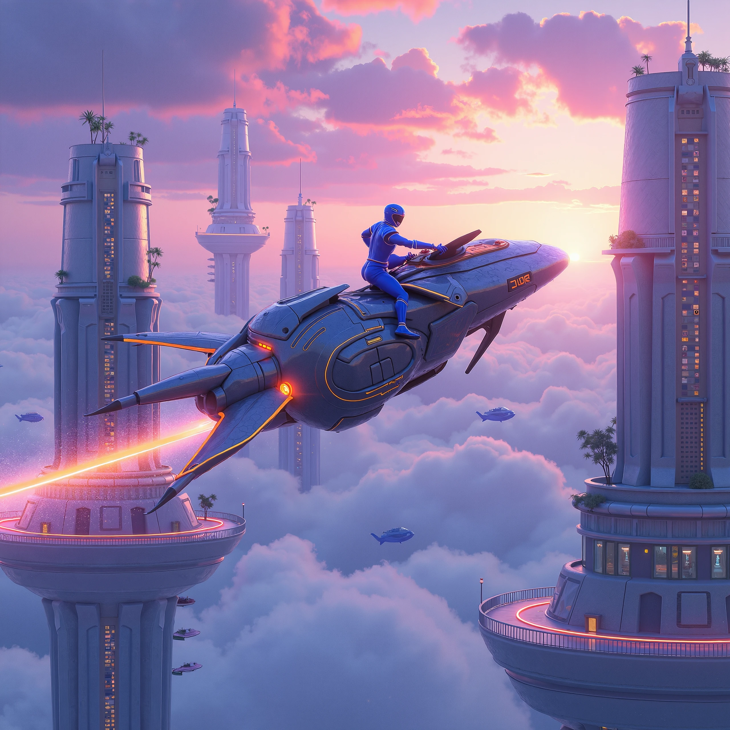 "In a vibrant kaleidoscope sky blending purple, blue, and orange hues, futuristic floating buildings stand tall on distinct platforms. These sleek, semi-transparent structures have glowing edges, large windows, and bioluminescent gardens. Translucent light bridges connect some of the buildings, with hovercrafts quietly traveling between them, trailing pixelated stardust. Above the ethereal cityscape, a Power Ranger in a futuristic vibrant blue suit rides a metallic robotic dragon with semi-transparent features. The dragon has glowing orange lines along its body, energy shield wings, and orange accents, creating an action-packed scene above the cloud-filled atmosphere."