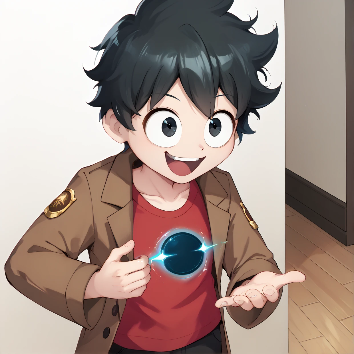 score_9_up, score_8_up, score_7_up, SpoopyStories, reinbh, 1boy, young, solo, black hair, black eyes, smile, open mouth, brown coat, red t-shirt, black pants, black hole, black hole in hand, holding black hole, BREAK, upper body, from above, indoors, living room