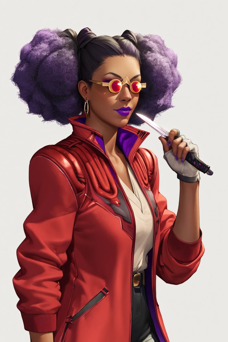 <lora:BazzConcordXL:1:lbw=CHARALL>, BazzConcord, afro, dark skin, red jacket, sunglasses, purple hair,  earrings, purple lips, black hair, gloves, two-tone hair, 
holding knife,, (masterpiece),(best quality),extreamly delicate and beautiful,illustration,absurdres, high quality,  anime style illustration,score_9, score_8_up, source_anime,score_9_up,, 1girl, solo,solo_focus,