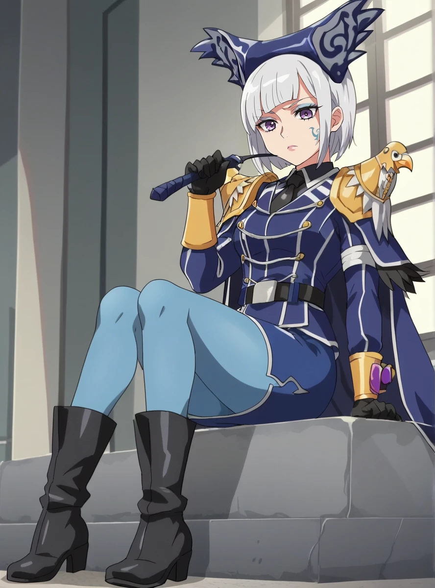 score_9, score_8_up, score_7_up, anime screencap,  anime screencap, <lora:Yodonna:0.7>yodonnakira, short hair, gloves, bangs, cape, pantyhose, white hair, hat, uniform, belt, necktie, boots, blunt bangs, bird, shoulder armor, black necktie, makeup, skirt purple eyes,  expressionless,  indoors,sitting,