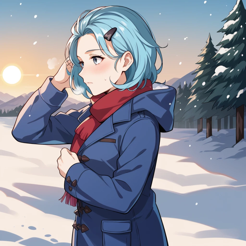 score_9_up, score_8_up, score_7_up, source_anime, masterpiece, best quality, 1girl, solo, Einstein_Hi3, Eins_Wint, sun light, blizzard, snowing, pine trees, snow, standing, cold blush, breath, looking ahead, hand in hair, hand up, from side, blue hair, short hair, blue eyes, hairclip, winter coat, blue coat, duffel coat, red scarf, garter belt, black thighhighs, hood down, long sleeves, blue sleeves, mature body, dynamic cowboy shot, outdoors, sky clouds, snow field background