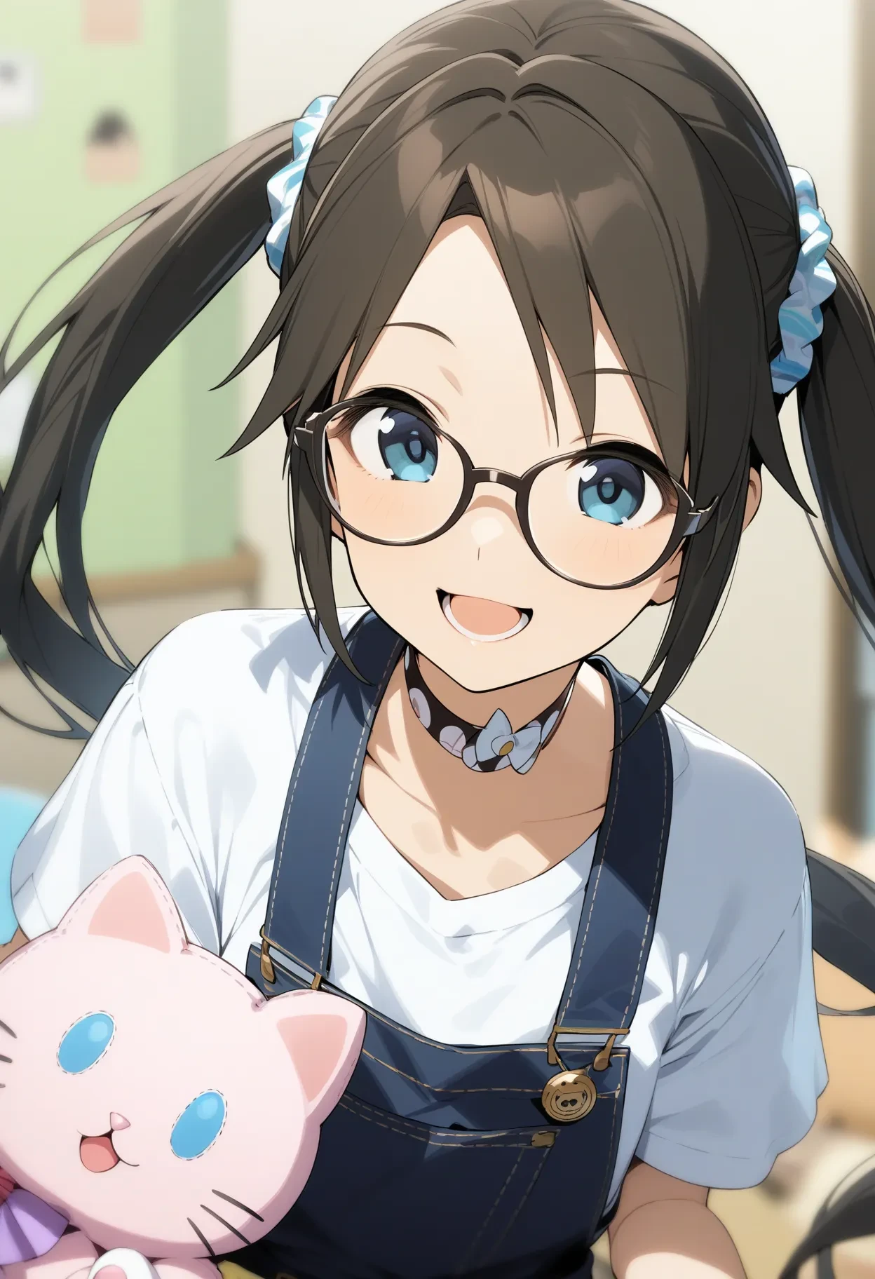 y_mitsumine,
1girl, glasses, solo, long hair, choker, open mouth, smile, collarbone, blue eyes, side ponytail, shirt, black hair, scrunchie, bangs, white shirt, stuffed cat, hair ornament, stuffed toy, upper body, blurry background, blurry, stuffed animal, brown hair, overalls, bow, polka dot, twintails, indoors,
masterpiece, best quality, very aesthetic, absurdres
 <lora:y_mitsumineXL_animagine:1>