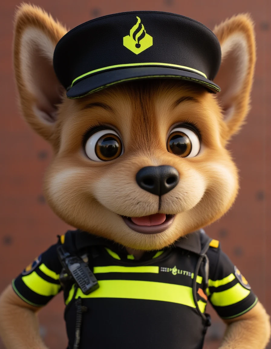 <lora:politie:1.8> politie, police uniform,, 3d fluffy, closeup cute and adorable, cute big circular reflective eyes, long fuzzy fur, Pixar render, unreal engine cinematic smooth, intricate detail, cinematicâââ